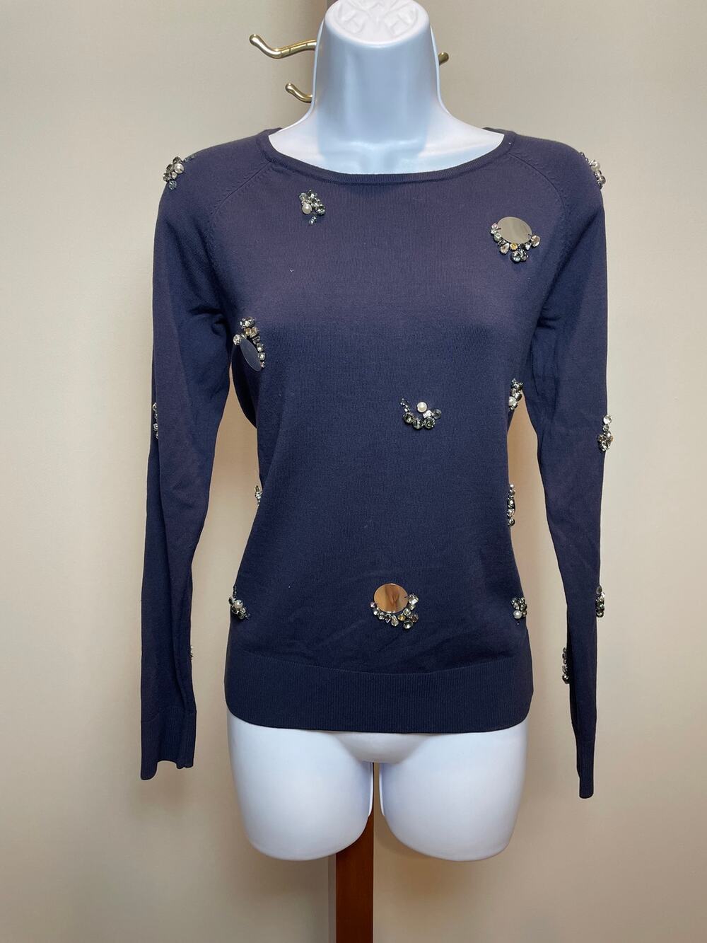 Ann Taylor Embellished Knit Top S Navy Rhinestone Detail